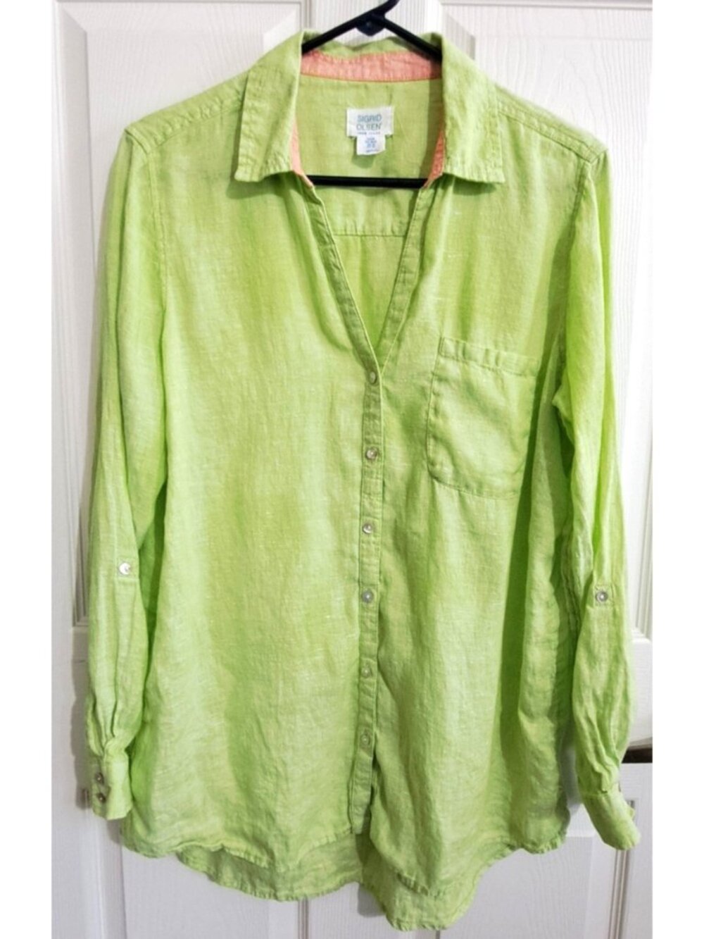 Sigrid Olsen Women's M Lime Green Blouse Long Sleeve Linen Coastal Grandma
